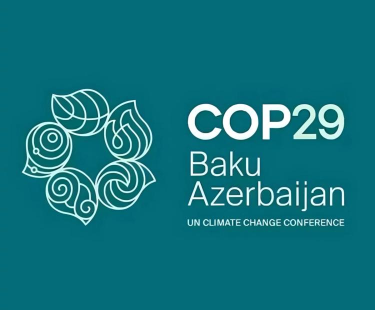 Logo de la COP29 se tenant à Bakou, en Azerbaïdjan avec la baseline "conférence des Nations Unies sur le climat" (en anglais "U.N. Climate change conference))