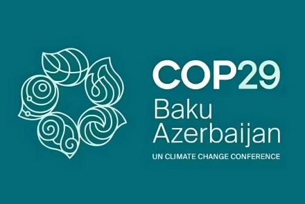 Logo de la COP29 se tenant à Bakou, en Azerbaïdjan avec la baseline "conférence des Nations Unies sur le climat" (en anglais "U.N. Climate change conference))
