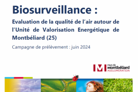 Visuel de la couverture du rapport, avec logos Atmo BFC et Pays de Montbéliard Agglomération, titre du rapport et photos illustrant la santé environnementale notamment
