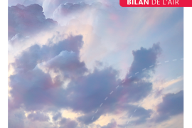 Photo d'un ciel nuageux accompagnée du titre "2025 - Bilan des activités - Bilan de l'air" et du logo d'Atmo BFC