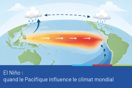 Illustration du phénomène El Niño, accompagnée du texte "El Niño: quand le Pacifique influence le climat mondial"