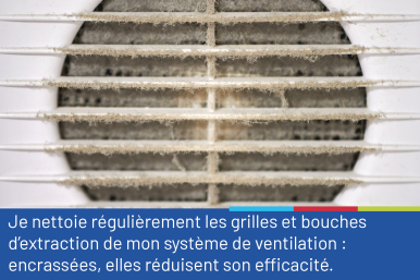 Photo montrant une grille de ventilation encrassée, accompagnée du conseil "Je nettoie régulièrement les grilles et bouches d'extraction de mon système de ventilation: encrassées, elles réduisent son efficacité"