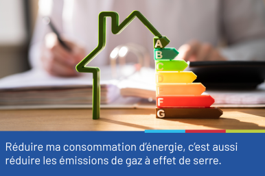 Photo représentant la maquette d'une maison avec l'échelle des consommations/GES de A à G, accompagnée du conseil "Réduire ma consommation d'énergie, c'est aussi réduire les émissions de gaz à effet de serre".