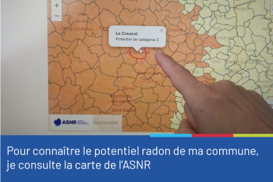Aperçu de la carte du potentiel radon par commune de l'ASNR, accompagnée du conseil "Pour connaître le potentiel radon de ma commune, je consulte la carte de l'ASNR"