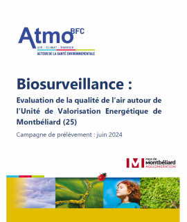 Visuel de la couverture du rapport, avec logos Atmo BFC et Pays de Montbéliard Agglomération, titre du rapport et photos illustrant la santé environnementale notamment