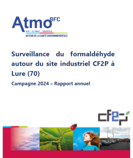 Page de couverture du rapport, avec le titre "Surveillance du formaldéhyde autour du site industriel CF2P à Lure (70) - Campagne 2024 - Rapport annuel"