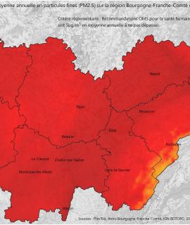 Particules fines PM2,5 2023 - Moyenne annuelle (OMS)