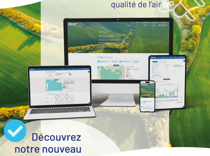 Vignette représentant un aperçu du site internetwww.atmo-bfc.org avec différents appareils et l'invitation "Découvrez notre nouveau site internet!"